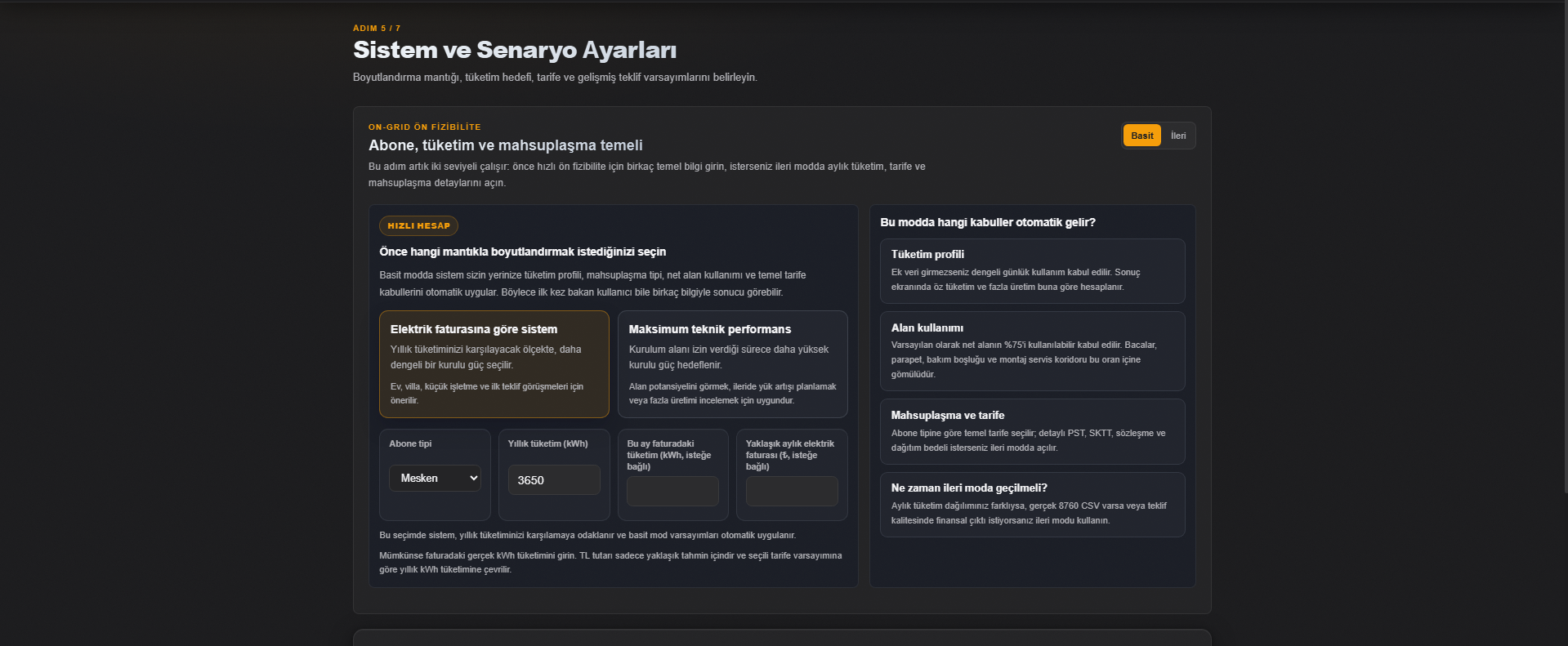 Solar Rota adım 5 ayarlar ekranı